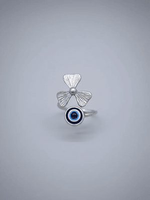Anillo Ojo Turco y Trébol De La Suerte Plateado Ajustable