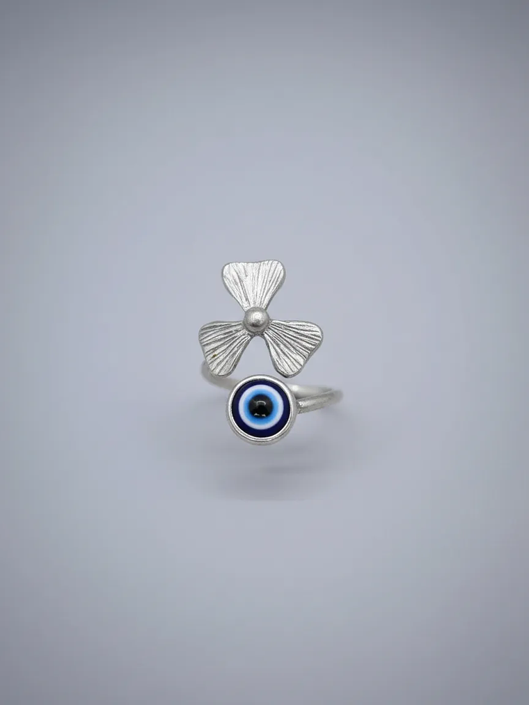 Anillo Ojo Turco y Trébol De La Suerte Plateado Ajustable 2