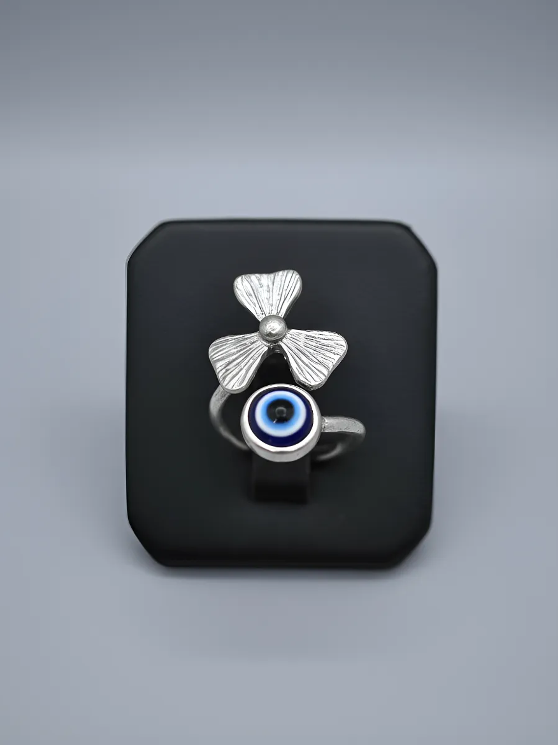 Anillo Ojo Turco y Trébol De La Suerte Plateado Ajustable 3