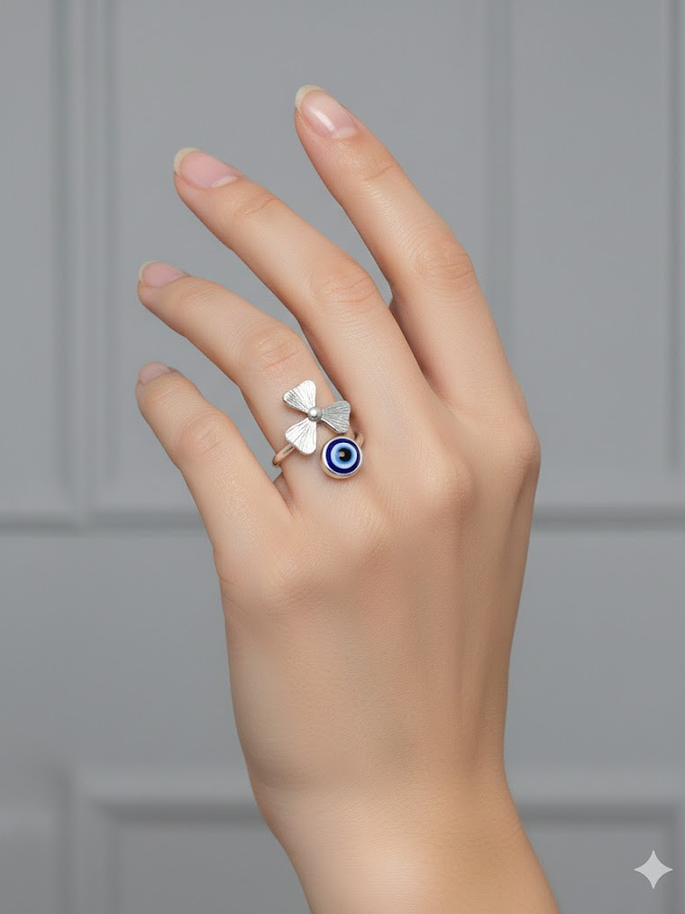 Anillo Ojo Turco y Trébol De La Suerte Plateado Ajustable 4