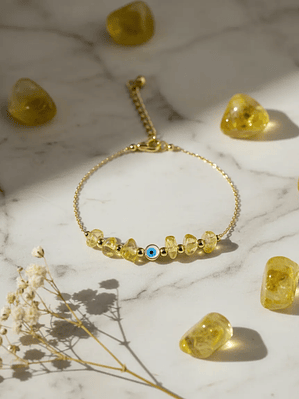 Pulsera De Ojo Turco En Acero Bañado En Rodio Con Piedras Amarillo