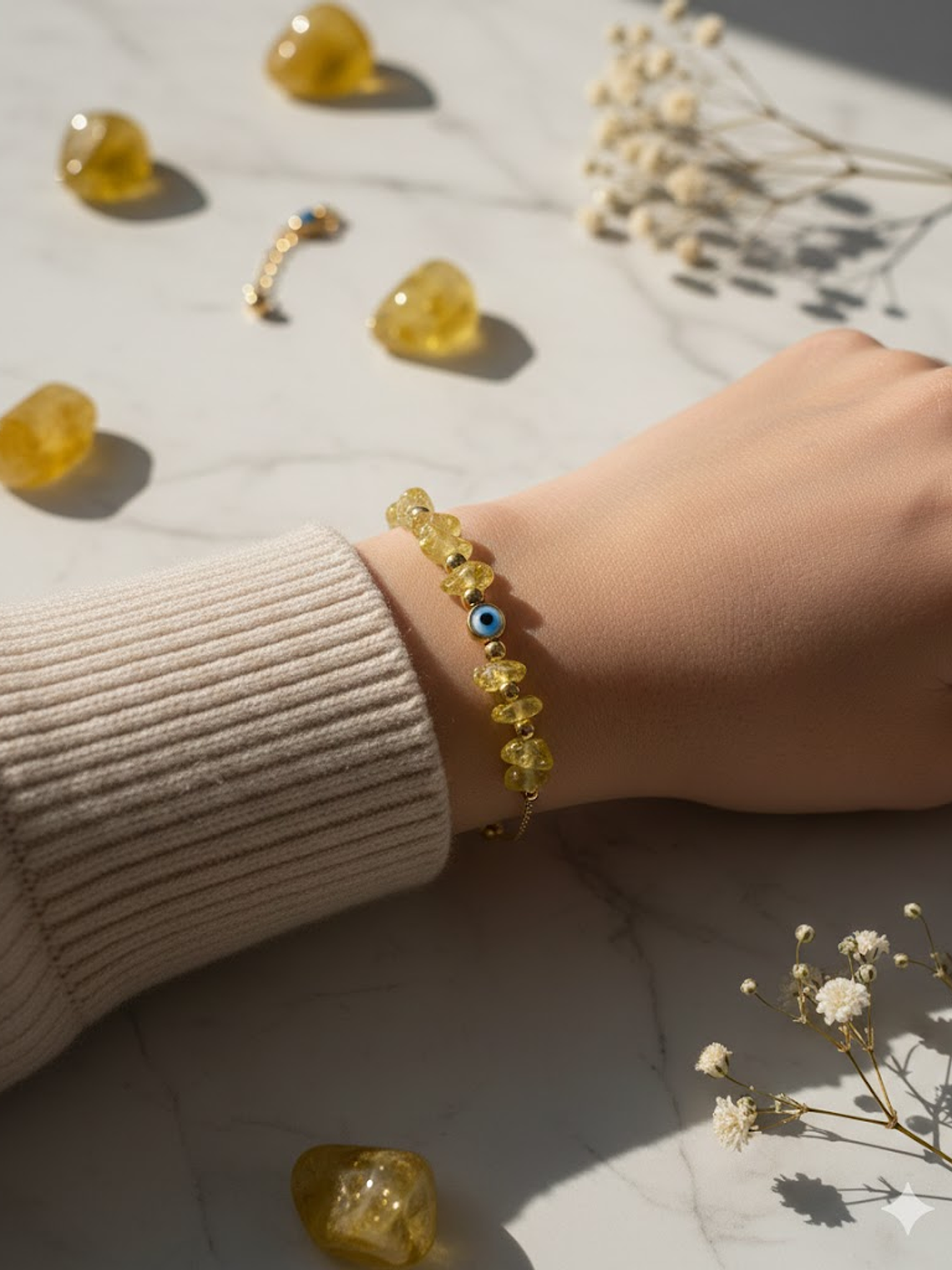 Pulsera De Ojo Turco En Acero Bañado En Rodio Con Piedras Amarillo 2