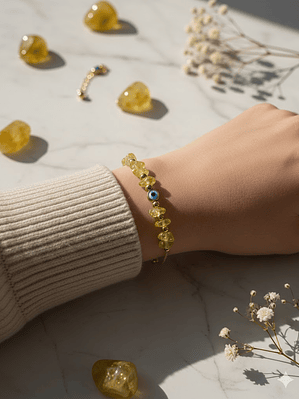 Pulsera De Ojo Turco En Acero Bañado En Rodio Con Piedras Amarillo