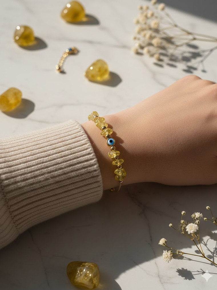 Pulsera De Ojo Turco En Acero Bañado En Rodio Con Piedras Amarillo 2