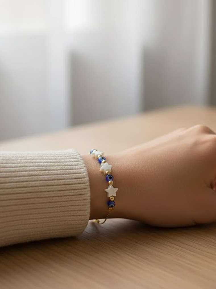 Pulsera Dama Con Varios Ojos Turcos y Estrellas Azul 2