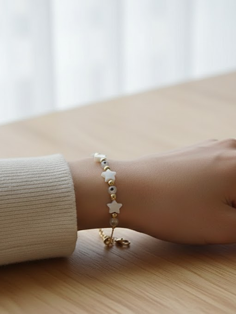 Pulsera Dama Con Varios Ojos Turcos y Estrellas Blanco 2