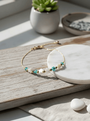 Pulsera Dama Con Varios Ojos Turcos y Estrellas Turquesa