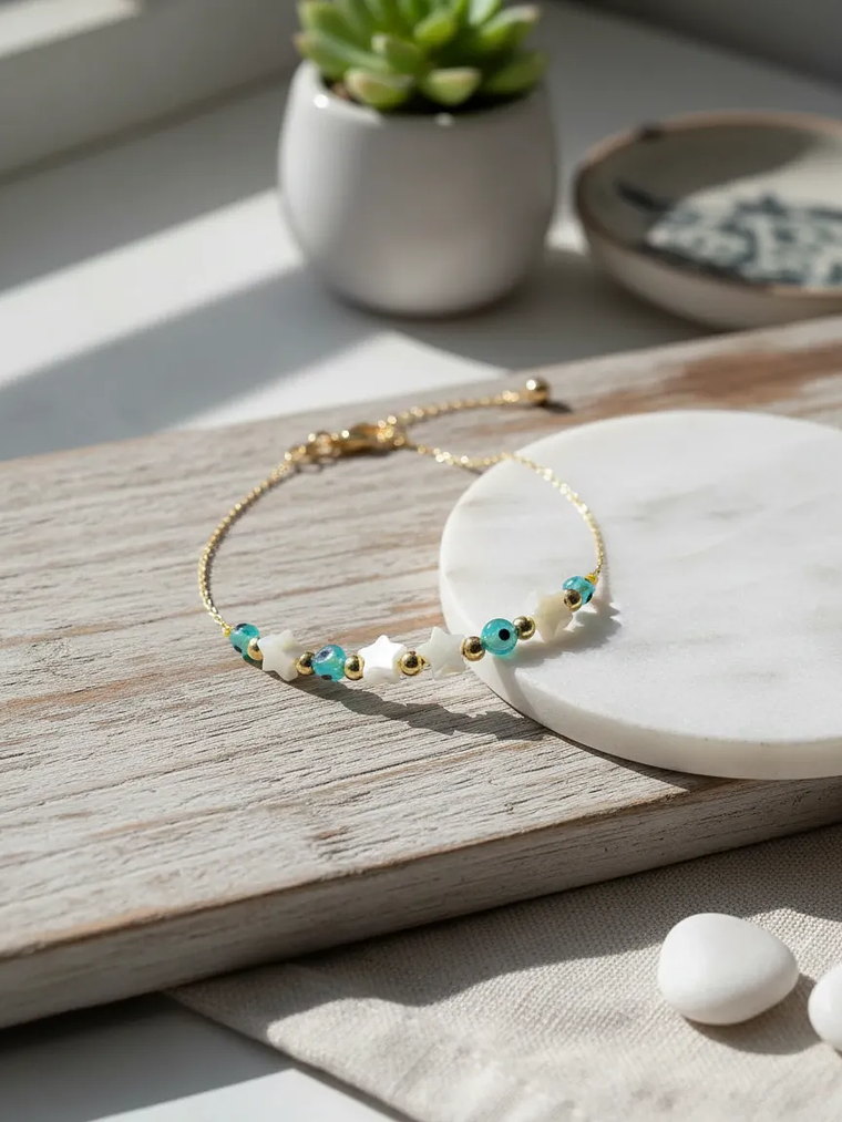 Pulsera Dama Con Varios Ojos Turcos y Estrellas Turquesa 1