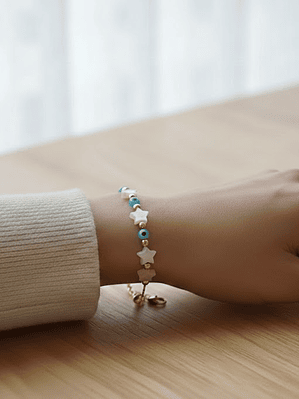 Pulsera Dama Con Varios Ojos Turcos y Estrellas Turquesa