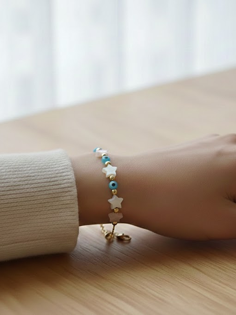 Pulsera Dama Con Varios Ojos Turcos y Estrellas Turquesa 2