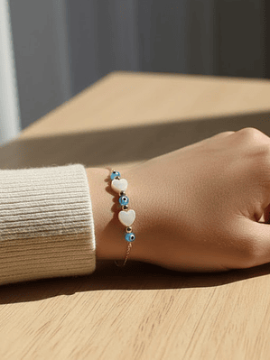 Pulsera Dama Con Varios Ojos Turcos y Corazones Agua