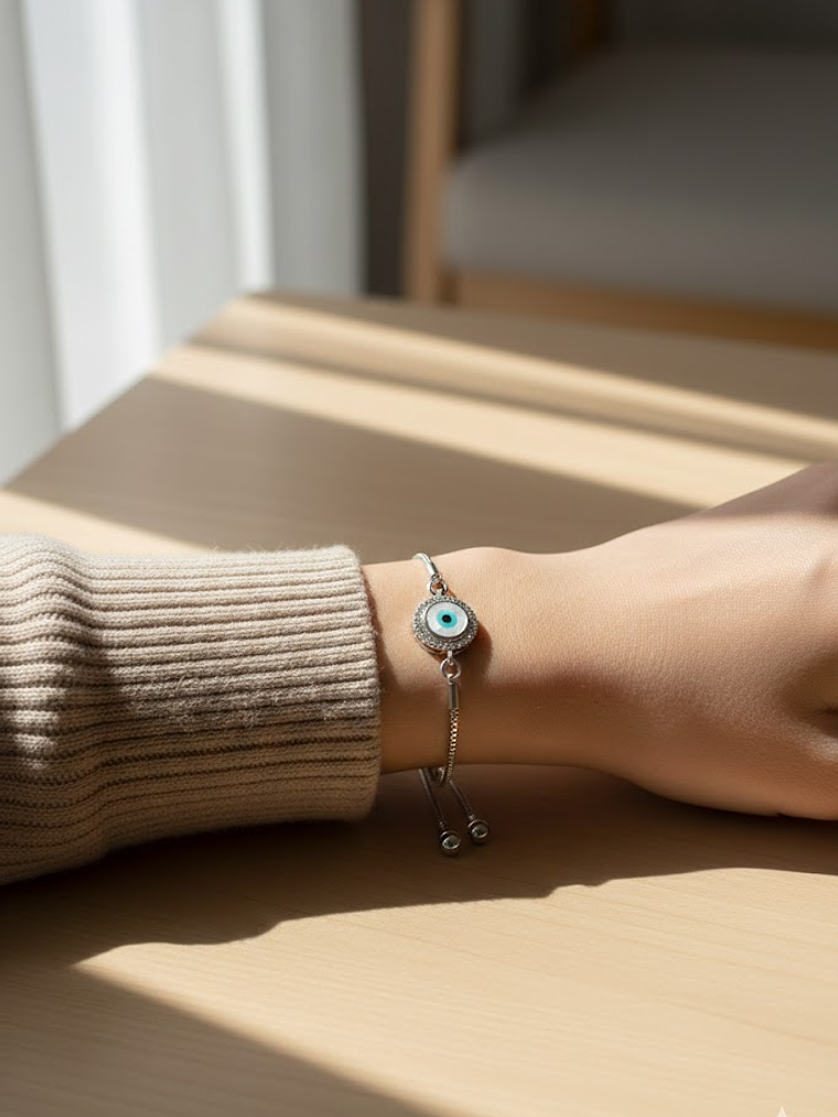 Pulsera En Acero Bañado En Rodio Con Ojo Turco Plateada 2