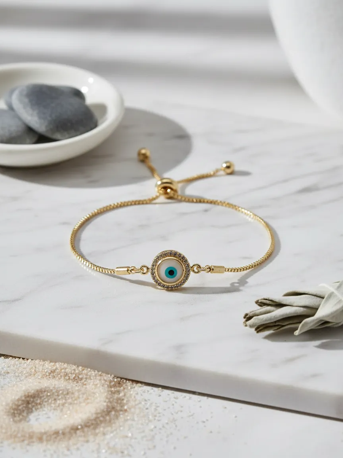 Pulsera En Acero Bañado En Rodio Con Ojo Turco Dorado  1