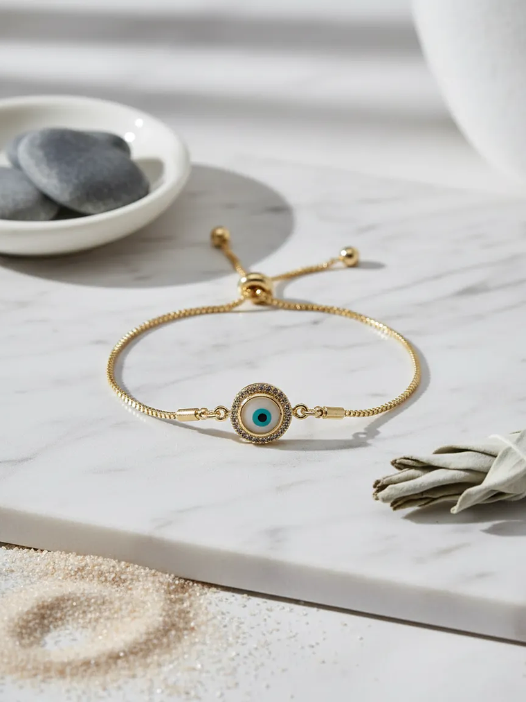 Pulsera En Acero Bañado En Rodio Con Ojo Turco Dorado  1