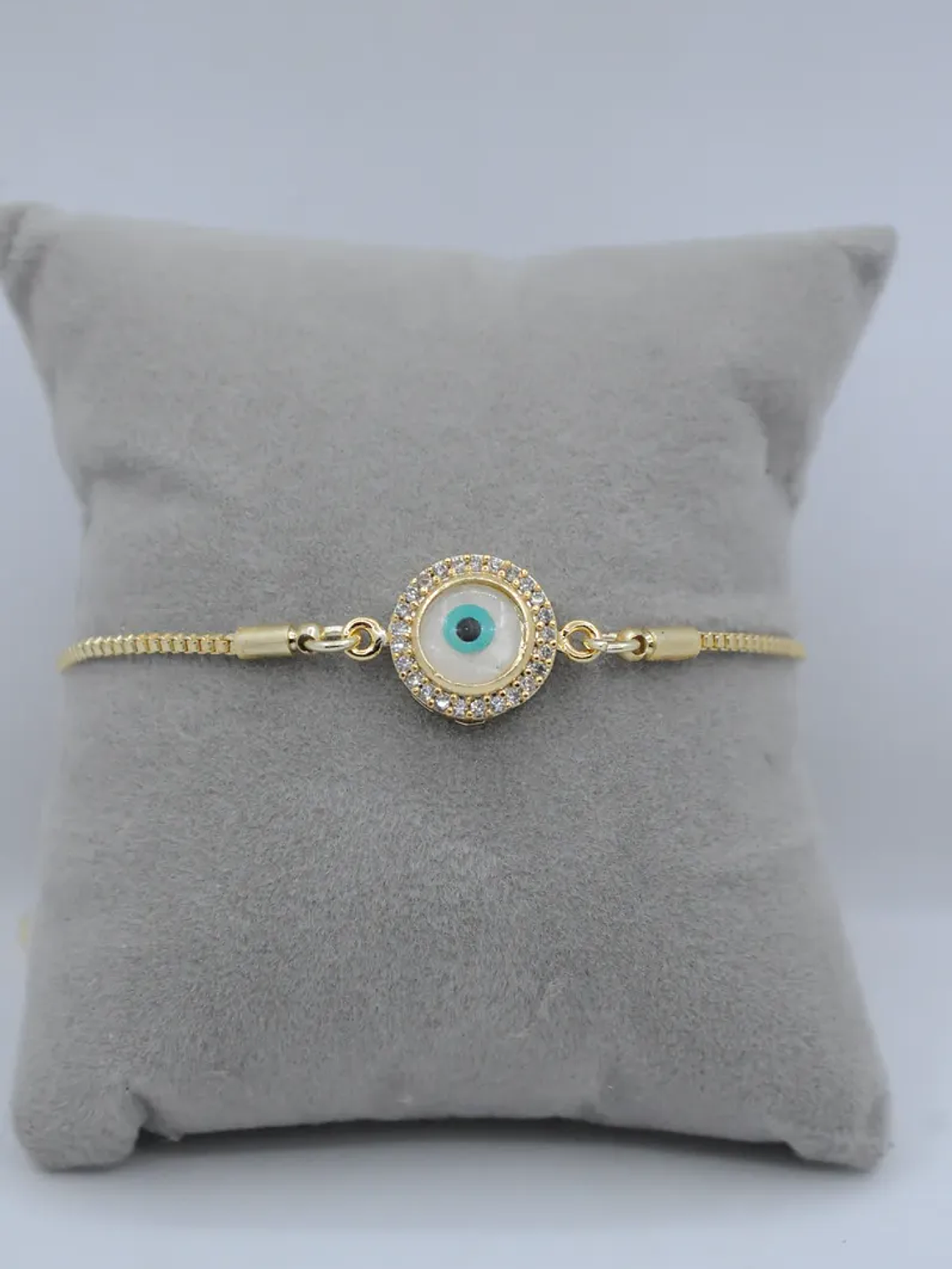 Pulsera En Acero Bañado En Rodio Con Ojo Turco Dorado  3