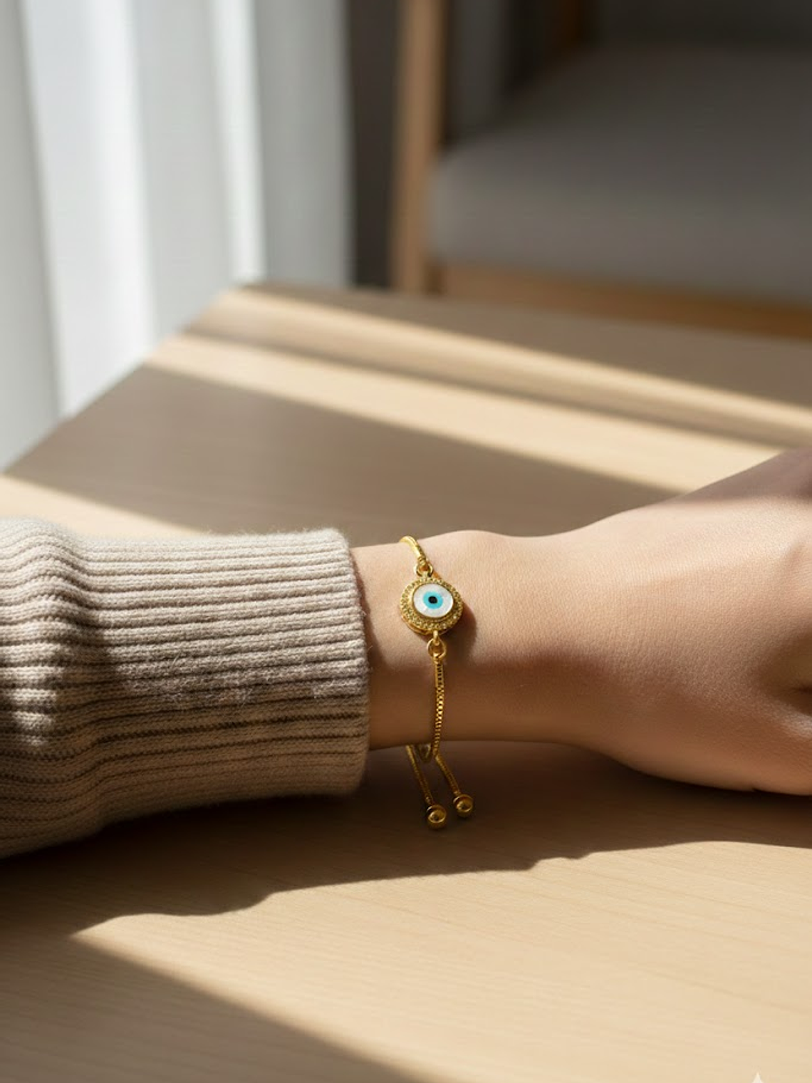 Pulsera En Acero Bañado En Rodio Con Ojo Turco Dorado  2