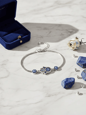 Pulsera Con Mano Y Ojos Turcos De Acero Bañado En Rodio