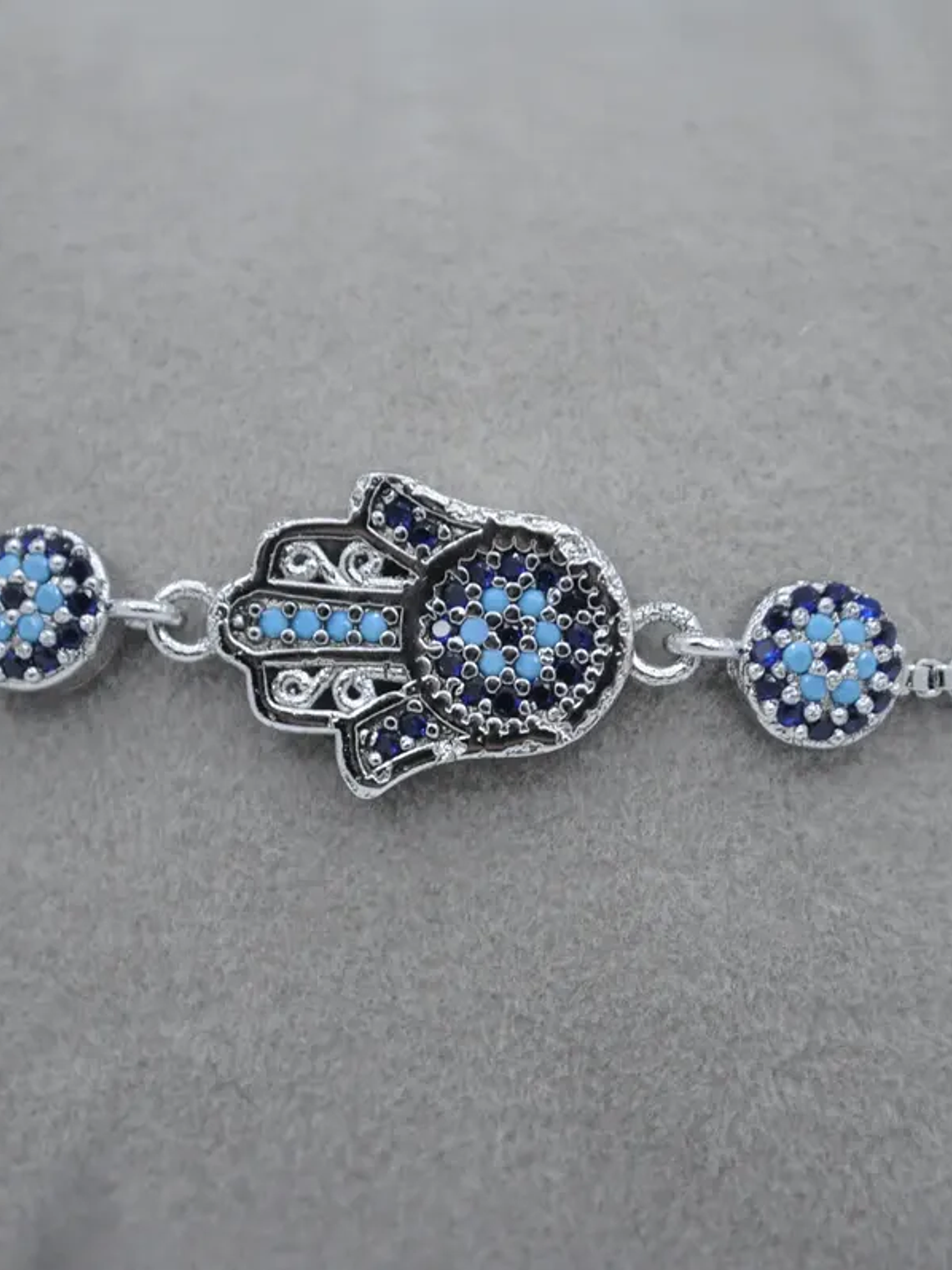 Pulsera Con Mano Y Ojos Turcos De Acero Bañado En Rodio 2