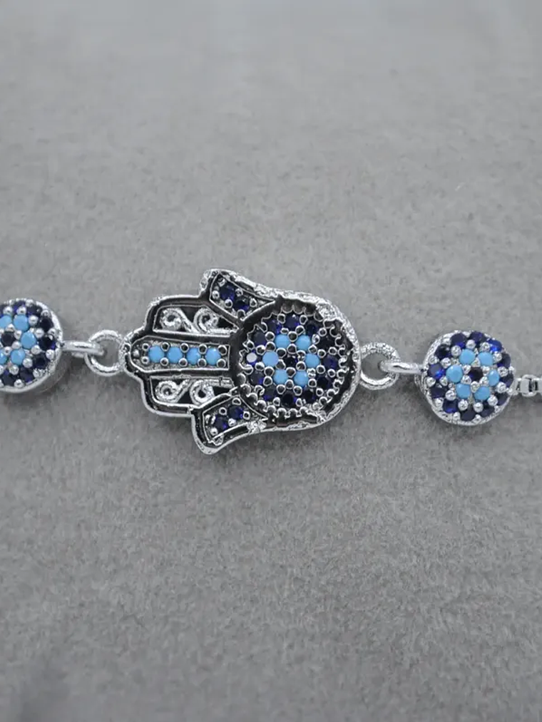 Pulsera Con Mano Y Ojos Turcos De Acero Bañado En Rodio 2