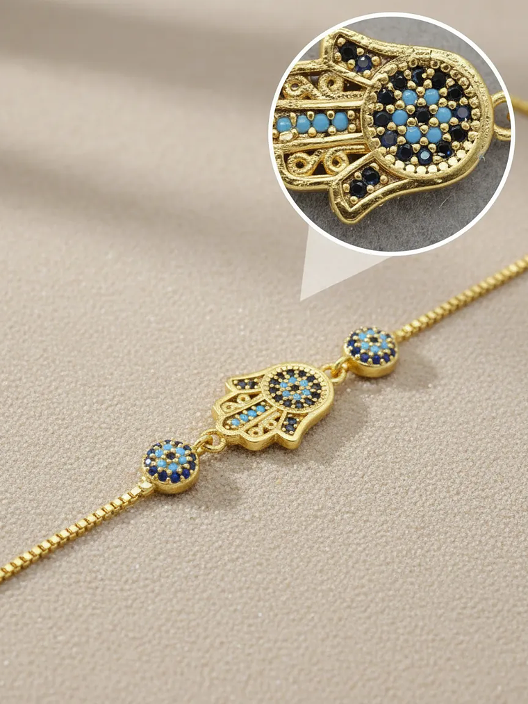 Pulsera Con Mano Y Ojos Turcos De Acero Bañado En Rodio 6