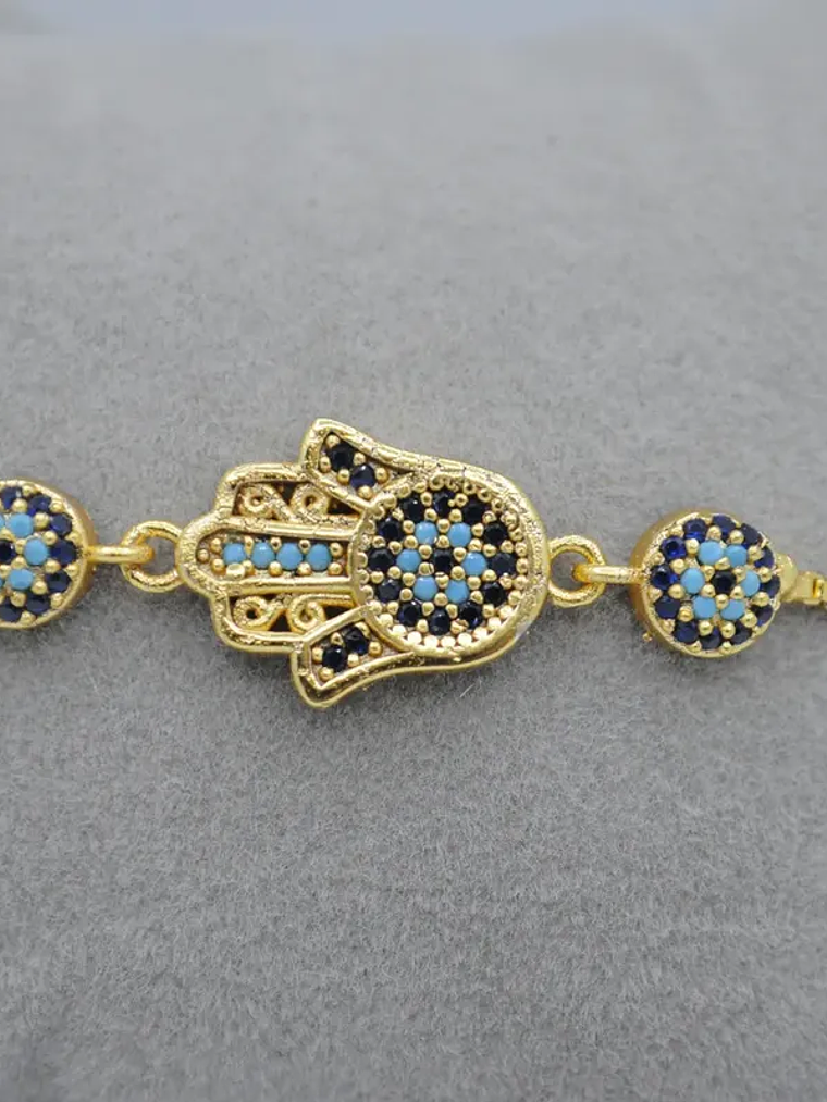 Pulsera Con Mano Y Ojos Turcos De Acero Bañado En Rodio 7