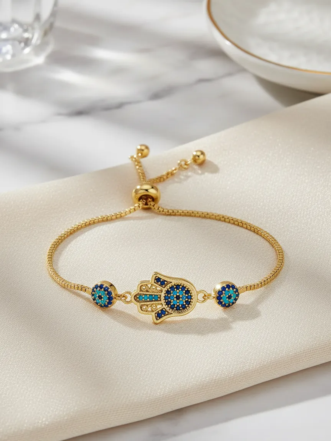 Pulsera Con Mano Y Ojos Turcos De Acero Bañado En Rodio 5