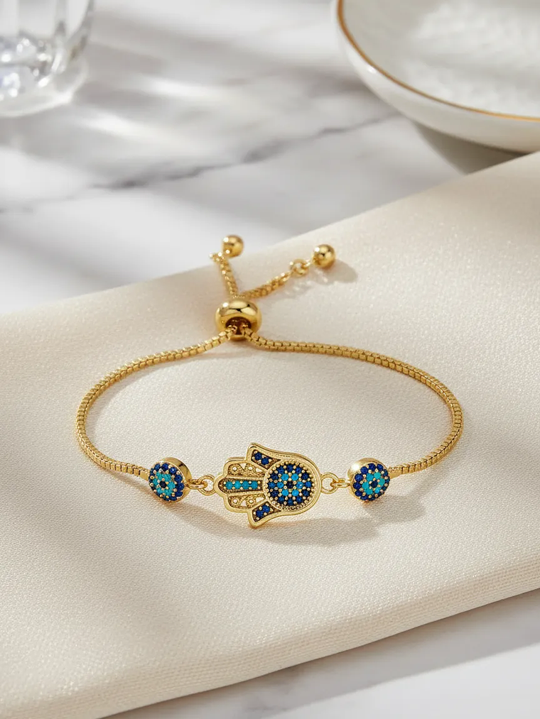 Pulsera Con Mano Y Ojos Turcos De Acero Bañado En Rodio 5