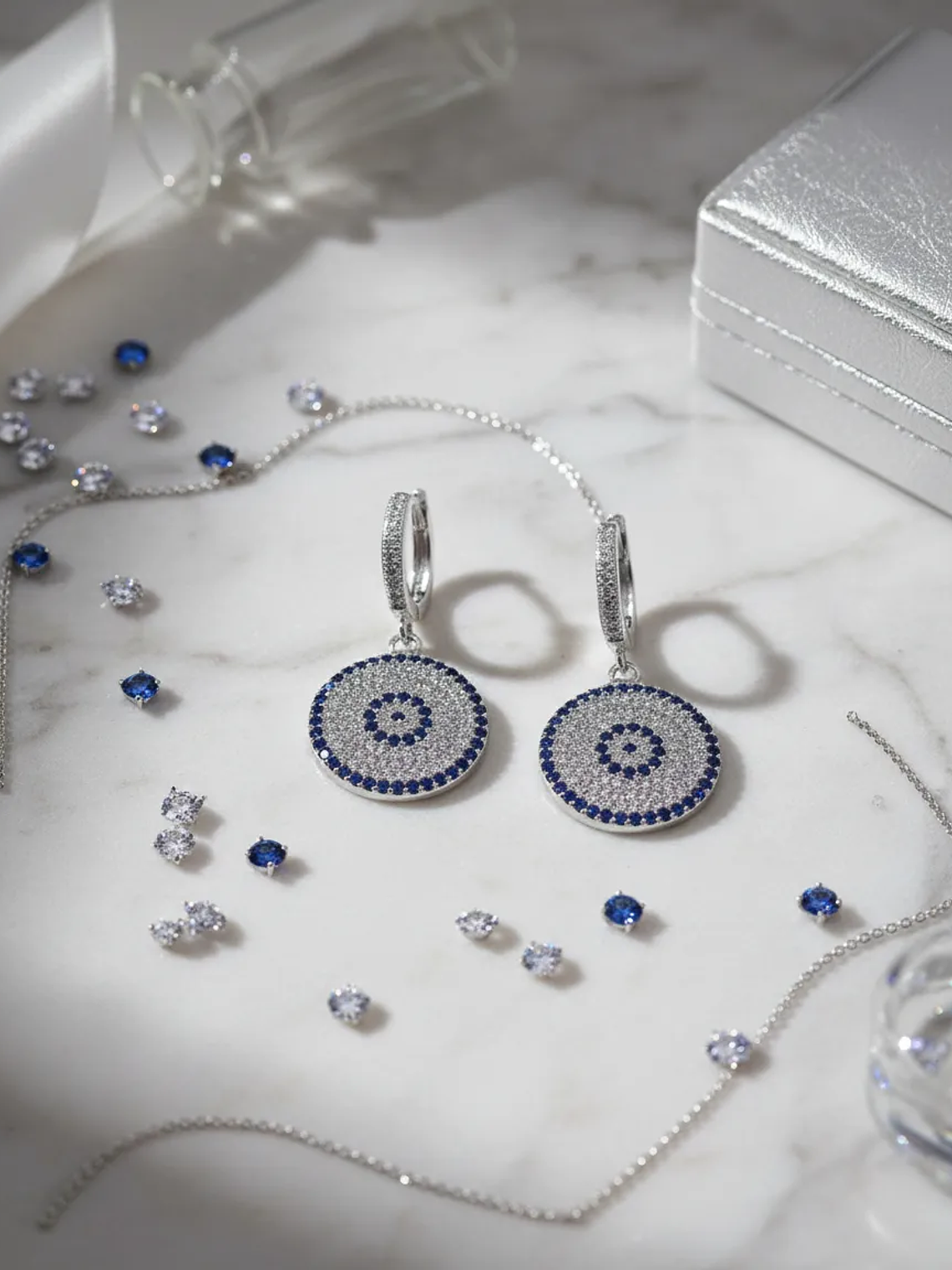 Aretes Colgantes Ojo Turco Con Circones Plateados 5