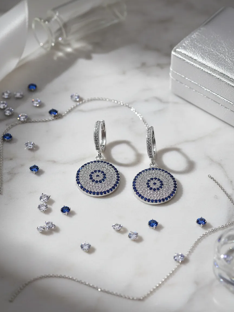 Aretes Colgantes Ojo Turco Con Circones Plateados 5