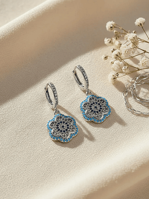 Aretes De Flor Con Ojo Turco Y Circones Turquesa Y Azul