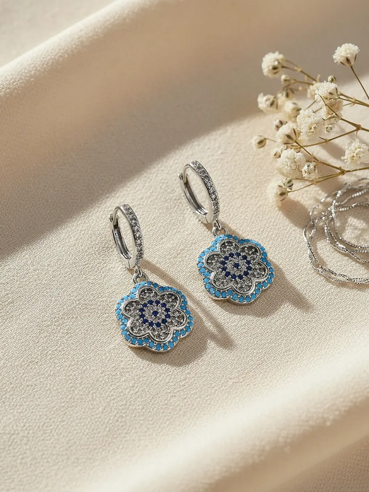 Aretes De Flor Con Ojo Turco Y Circones Turquesa Y Azul 1