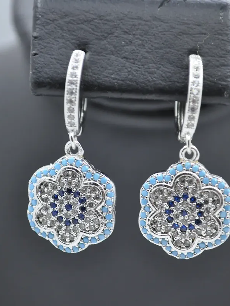 Aretes De Flor Con Ojo Turco Y Circones Turquesa Y Azul 2