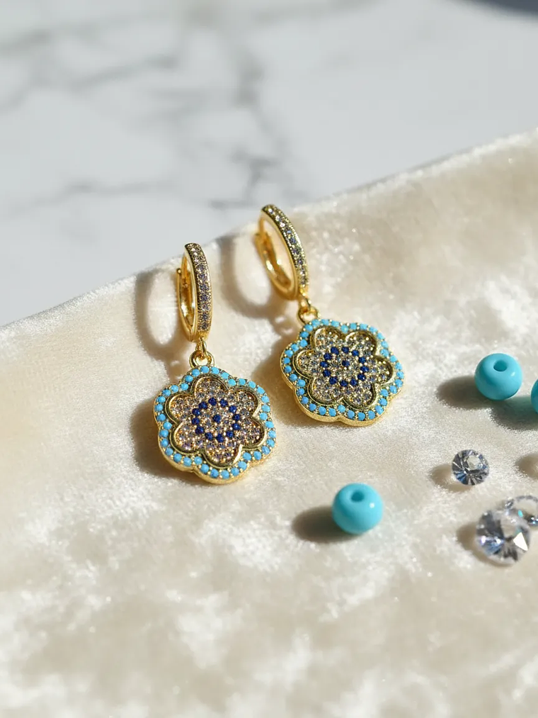 Aretes De Flor Con Ojo Turco Y Circones Turquesa Y Azul 4