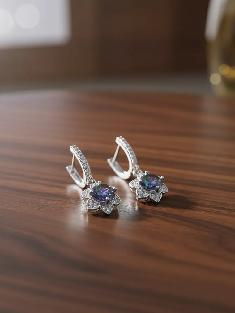 Aretes en Forma de Flor con Piedra Turca Topacio Místico Plata 925 2