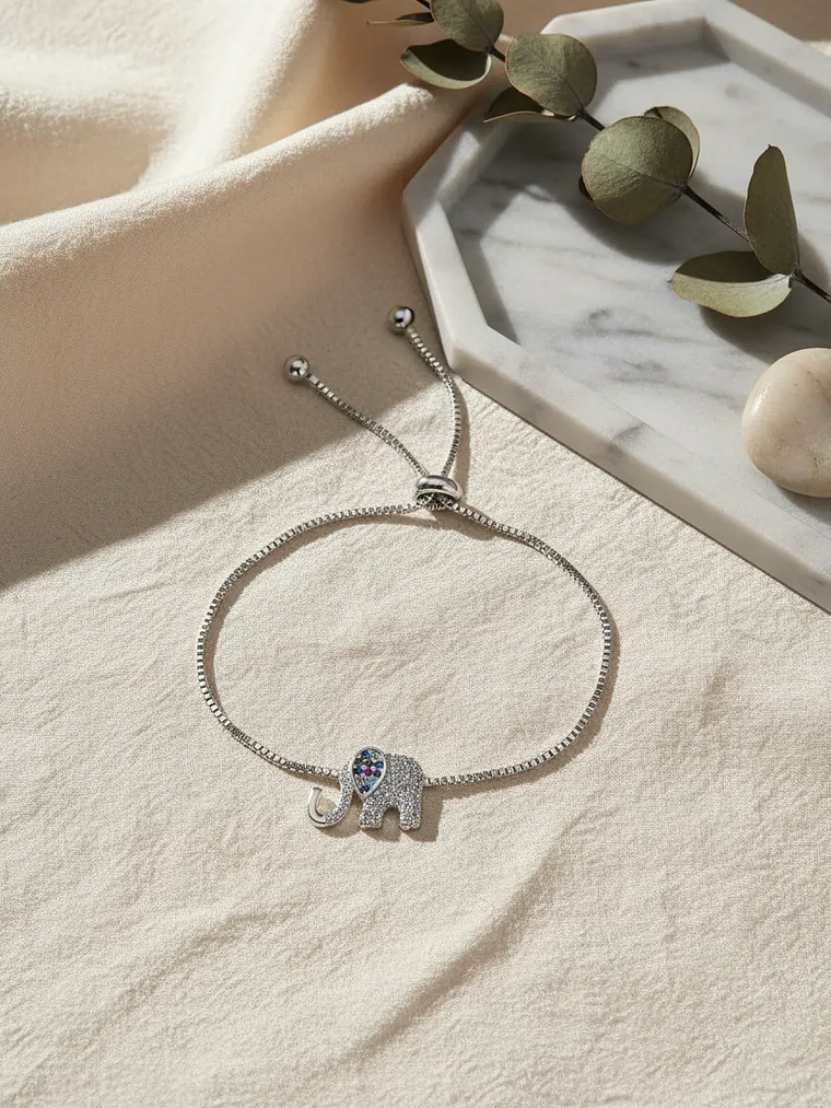 Pulsera Con Elefante De Acero Bañado En Rodio 1