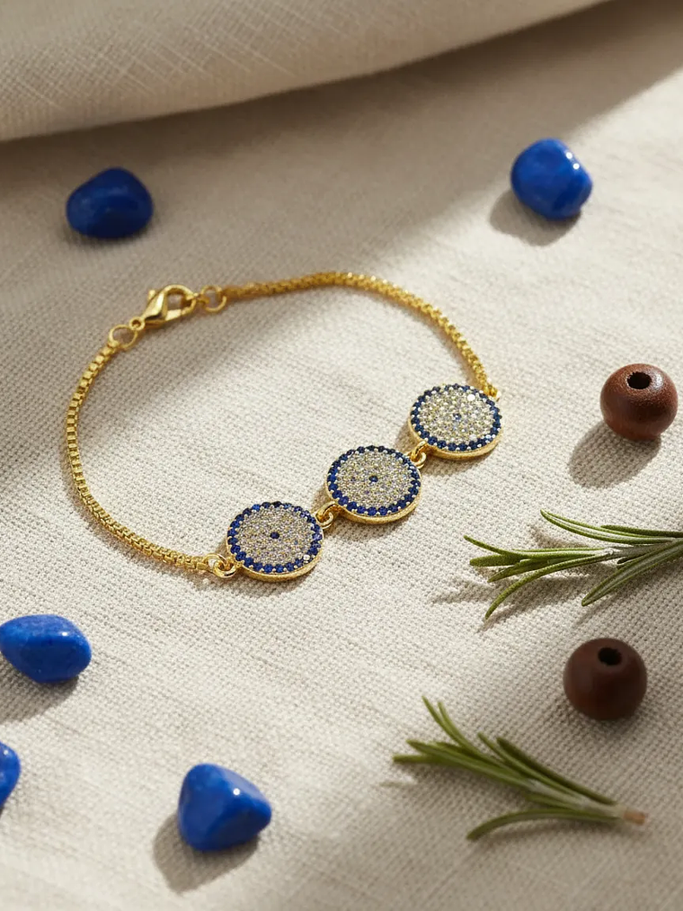 Pulsera Con Tres Ojos Turcos Ajustable Con Circones 1
