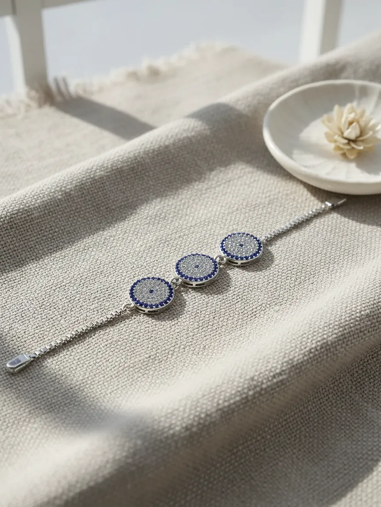 Pulsera Con Tres Ojos Turcos Ajustable Con Circones 5