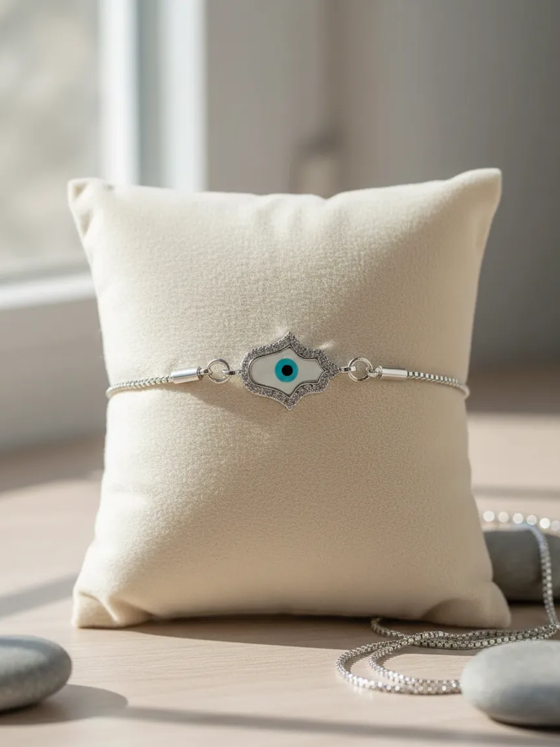 Pulsera En Acero Bañado En Rodio Con Mano Y Ojo Turco 1