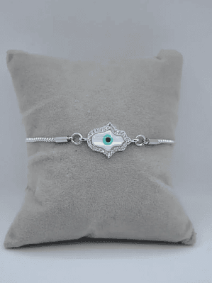 Pulsera En Acero Bañado En Rodio Con Mano Y Ojo Turco