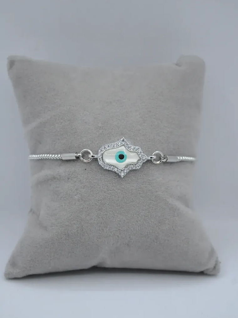 Pulsera En Acero Bañado En Rodio Con Mano Y Ojo Turco 2