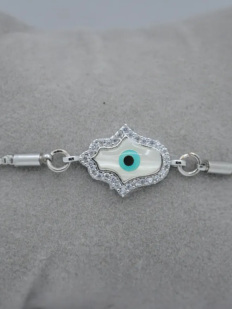 Pulsera En Acero Bañado En Rodio Con Mano Y Ojo Turco 3