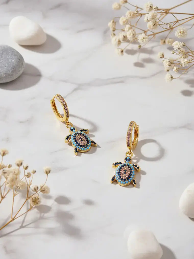 Aretes Candongas Dije Tortuga Ojo Turco Circones Azules 1