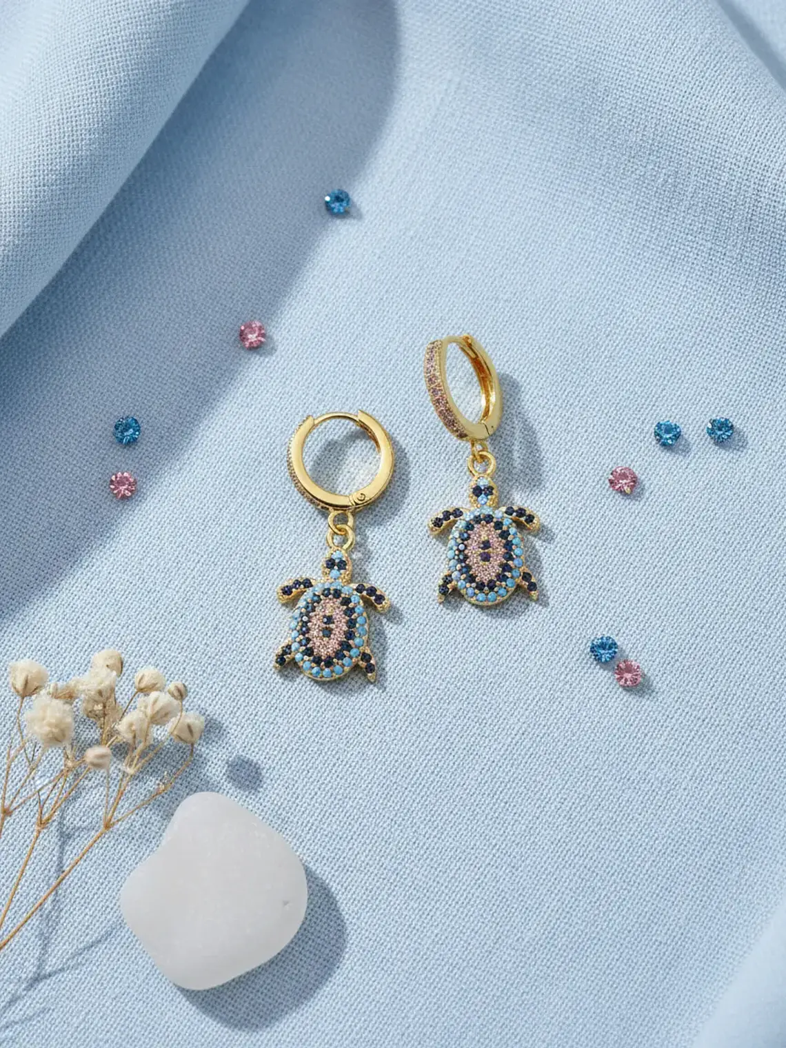 Aretes Candongas Dije Tortuga Ojo Turco Circones Azules 2