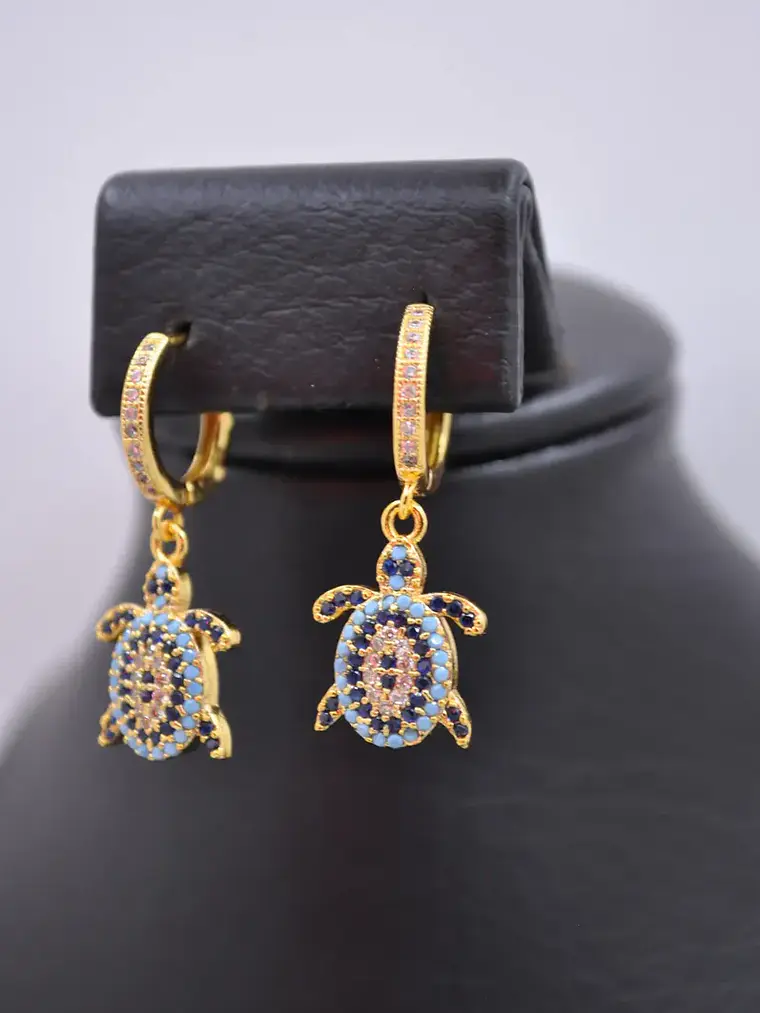 Aretes Candongas Dije Tortuga Ojo Turco Circones Azules 3