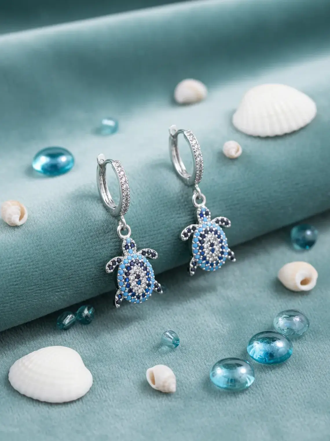 Aretes Candongas Dije Tortuga Ojo Turco Circones Azules 5