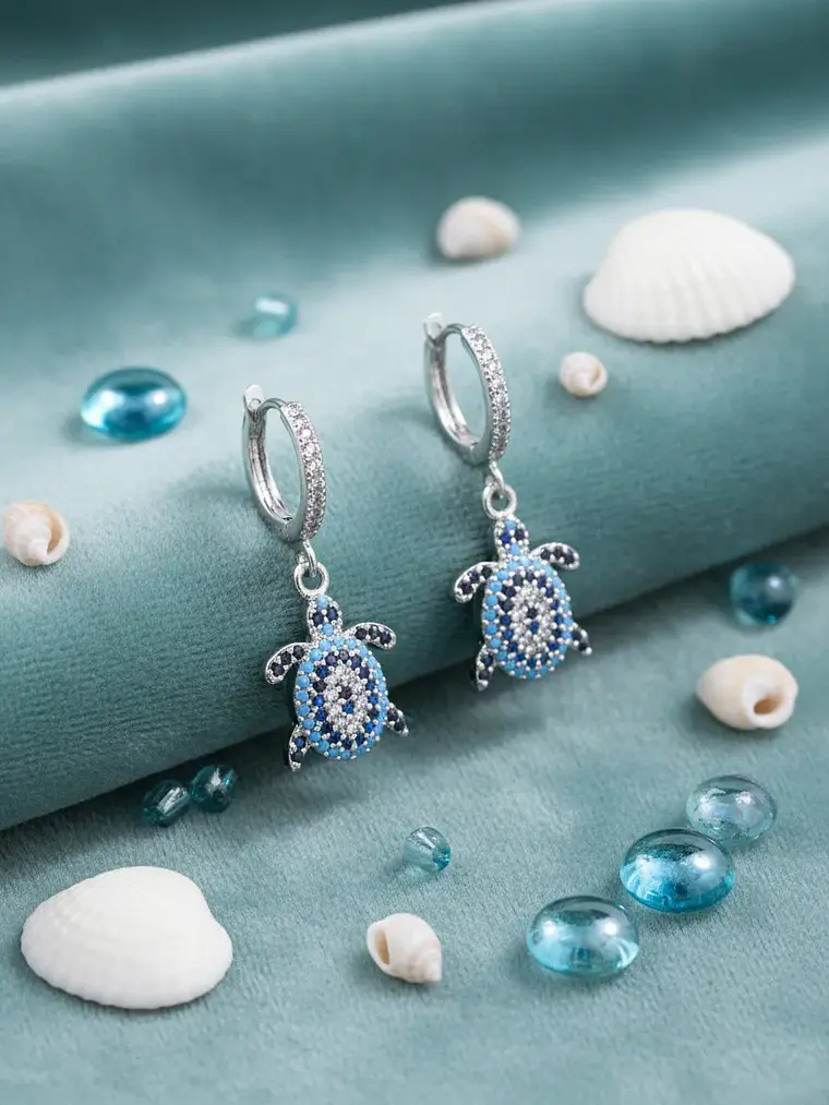 Aretes Candongas Dije Tortuga Ojo Turco Circones Azules 5