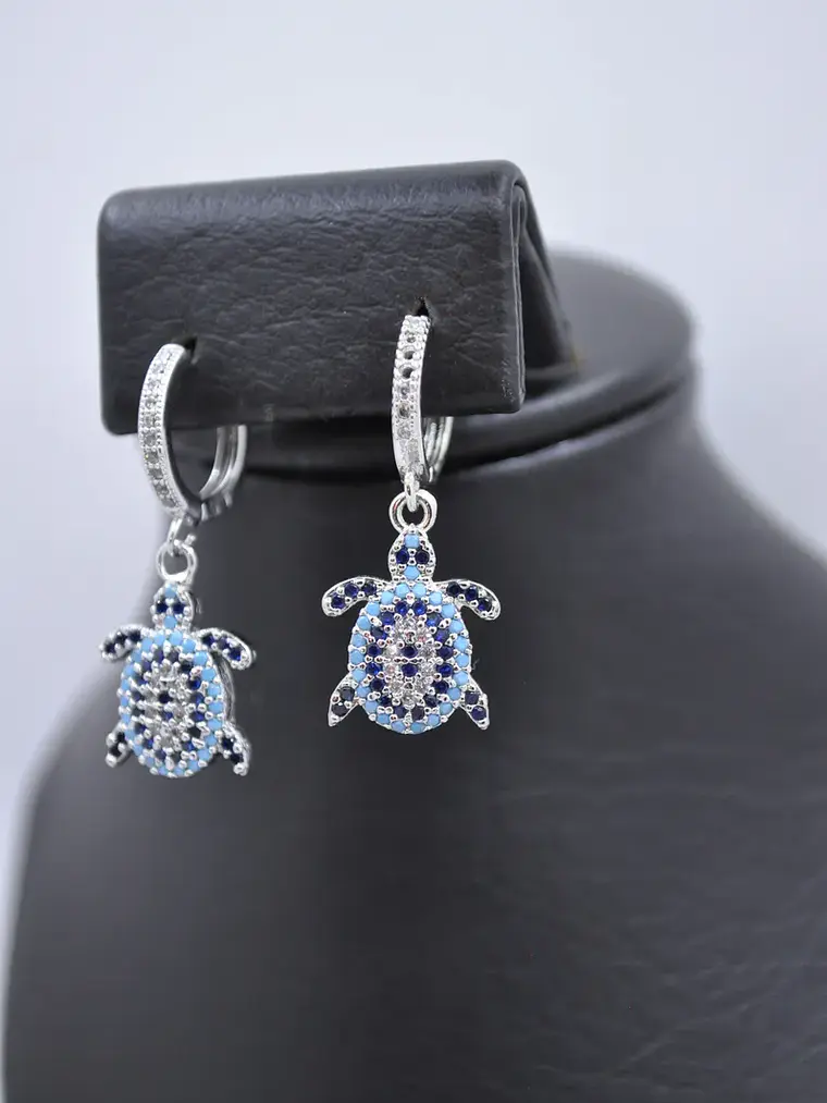 Aretes Candongas Dije Tortuga Ojo Turco Circones Azules 6
