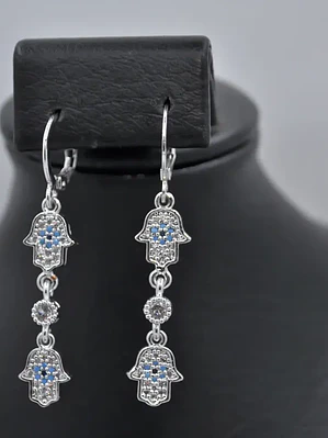 Aretes Largos de Mano y Ojo Turco con Circones Azules y Blancos