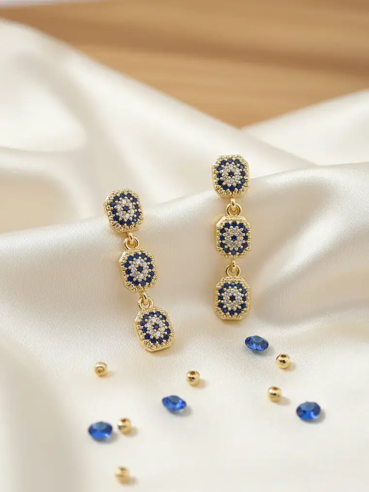 Aretes Largos Dorados Con Circones Azules Elegantes 1