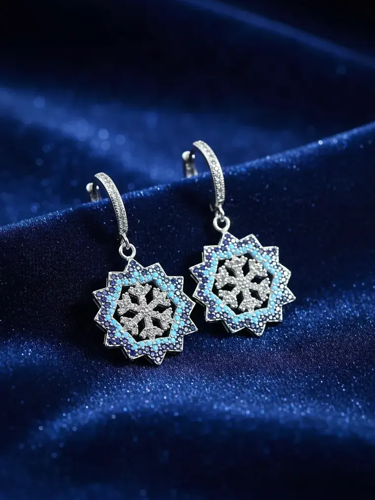 Aretes Colgantes Copo De Nieve Con Circones Azules 1